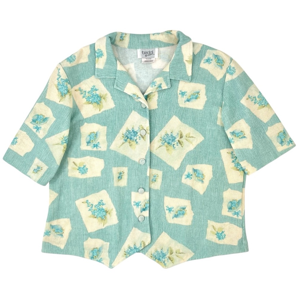 Vintage Blue & Cream Floral Retro Short Sleeve Button Up Shirt Blouse Top sz L